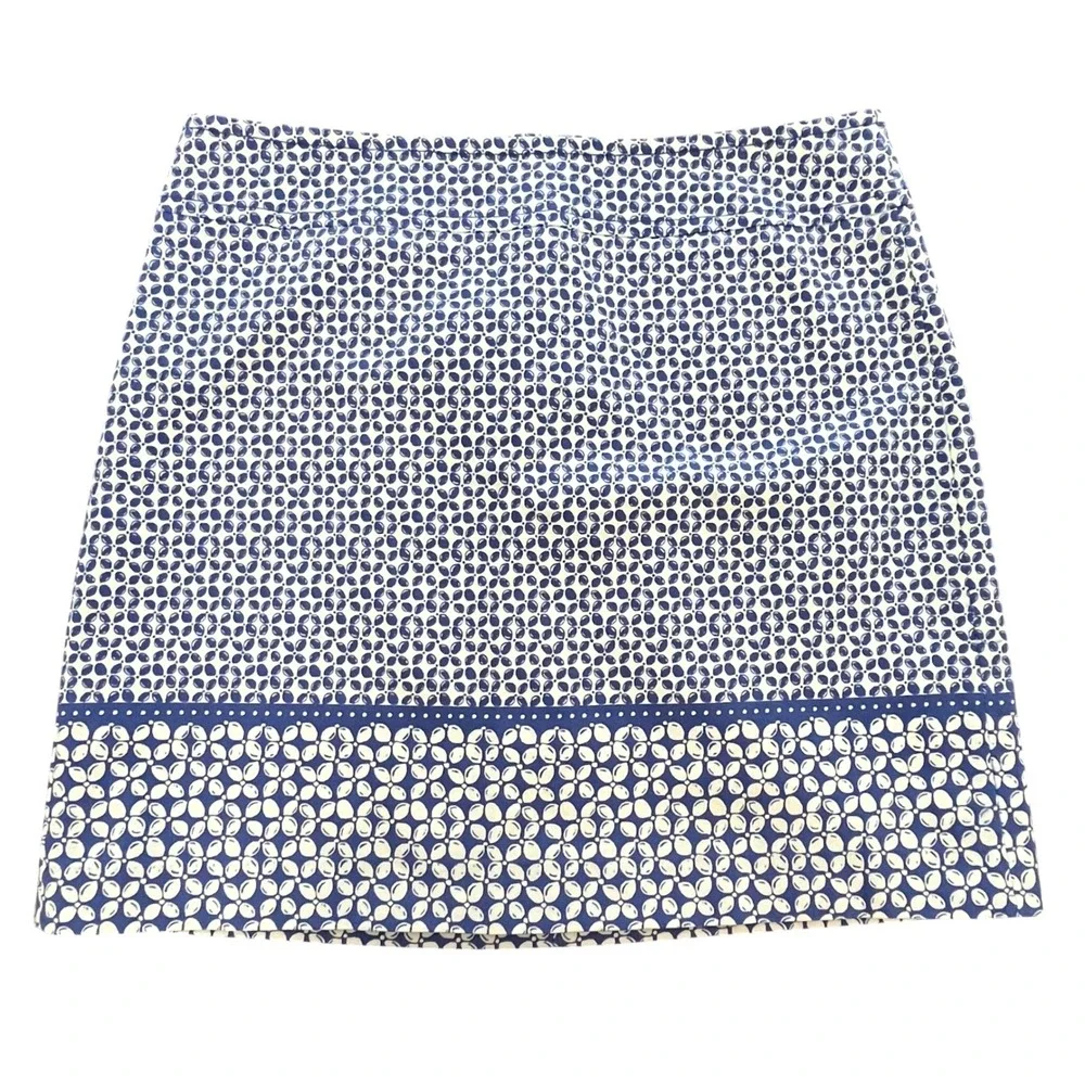Talbots Womens A-Line Skirt 14 Blue Geometric‎ Cotton Canvas Stretch Above Knee